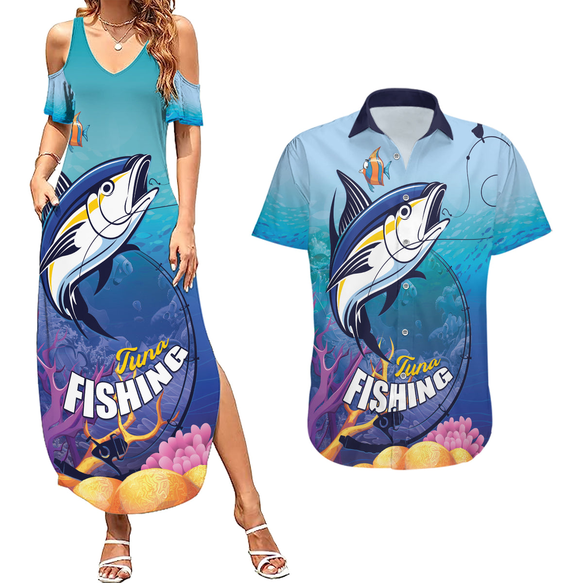 Tuna Fishing Couples Matching Summer Maxi Dress and Hawaiian Shirt Tuna Fish With Marine Life - Wonder Print Shop