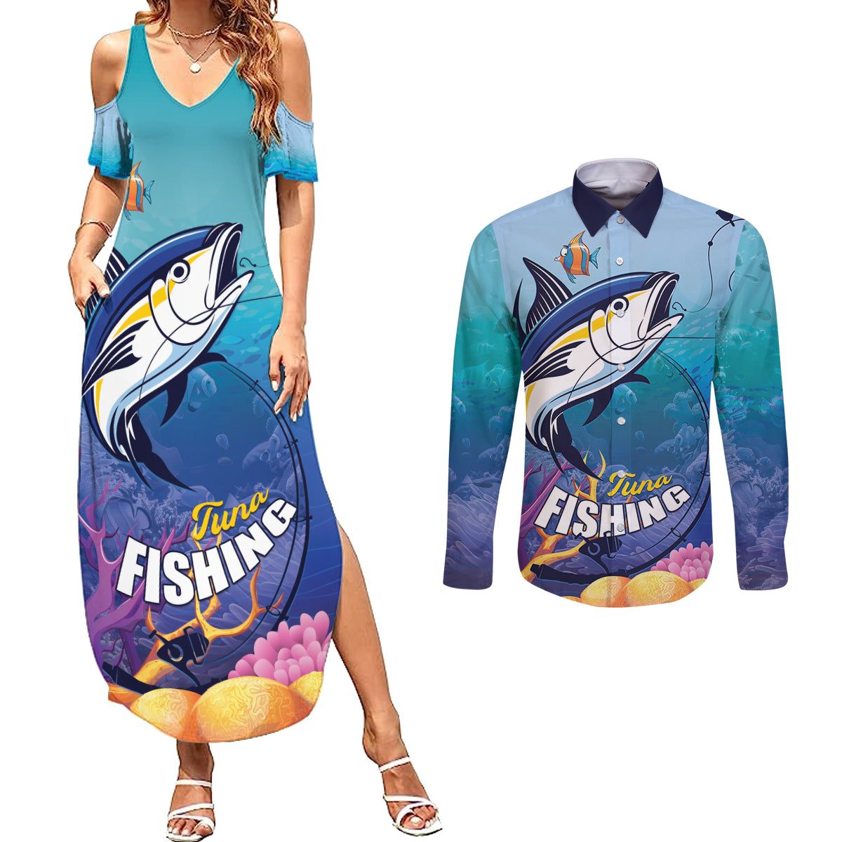 Tuna Fishing Couples Matching Summer Maxi Dress and Long Sleeve Button Shirt Tuna Fish With Marine Life - Wonder Print Shop