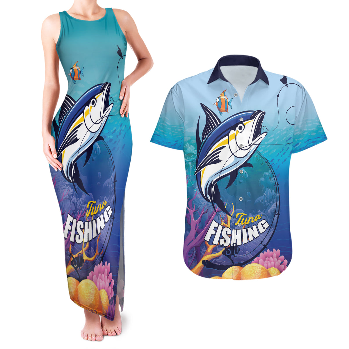 Tuna Fishing Couples Matching Tank Maxi Dress and Hawaiian Shirt Tuna Fish With Marine Life - Wonder Print Shop