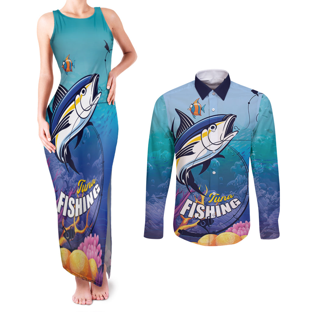 Tuna Fishing Couples Matching Tank Maxi Dress and Long Sleeve Button Shirt Tuna Fish With Marine Life - Wonder Print Shop