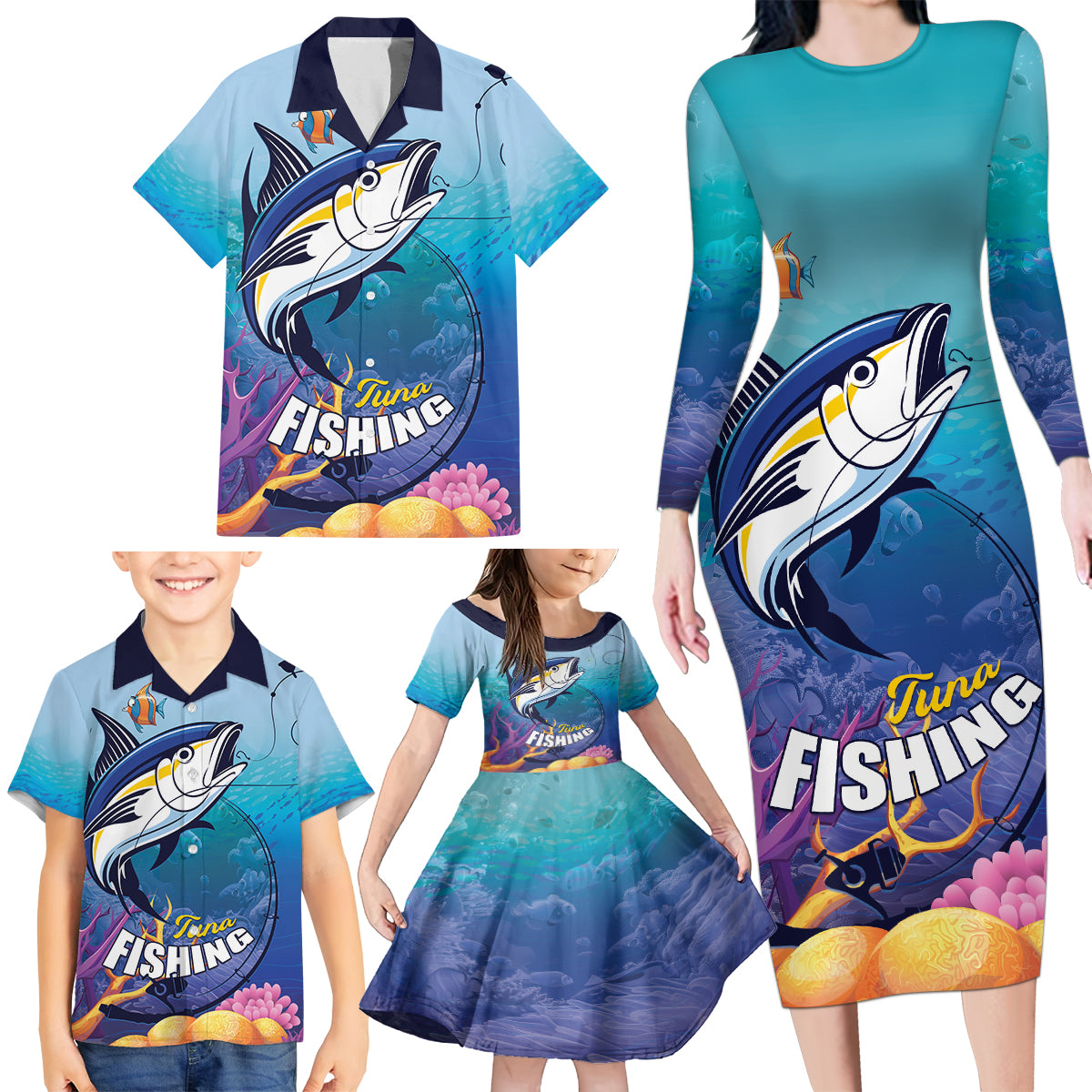 Tuna Fishing Family Matching Long Sleeve Bodycon Dress and Hawaiian Shirt Tuna Fish With Marine Life - Wonder Print Shop