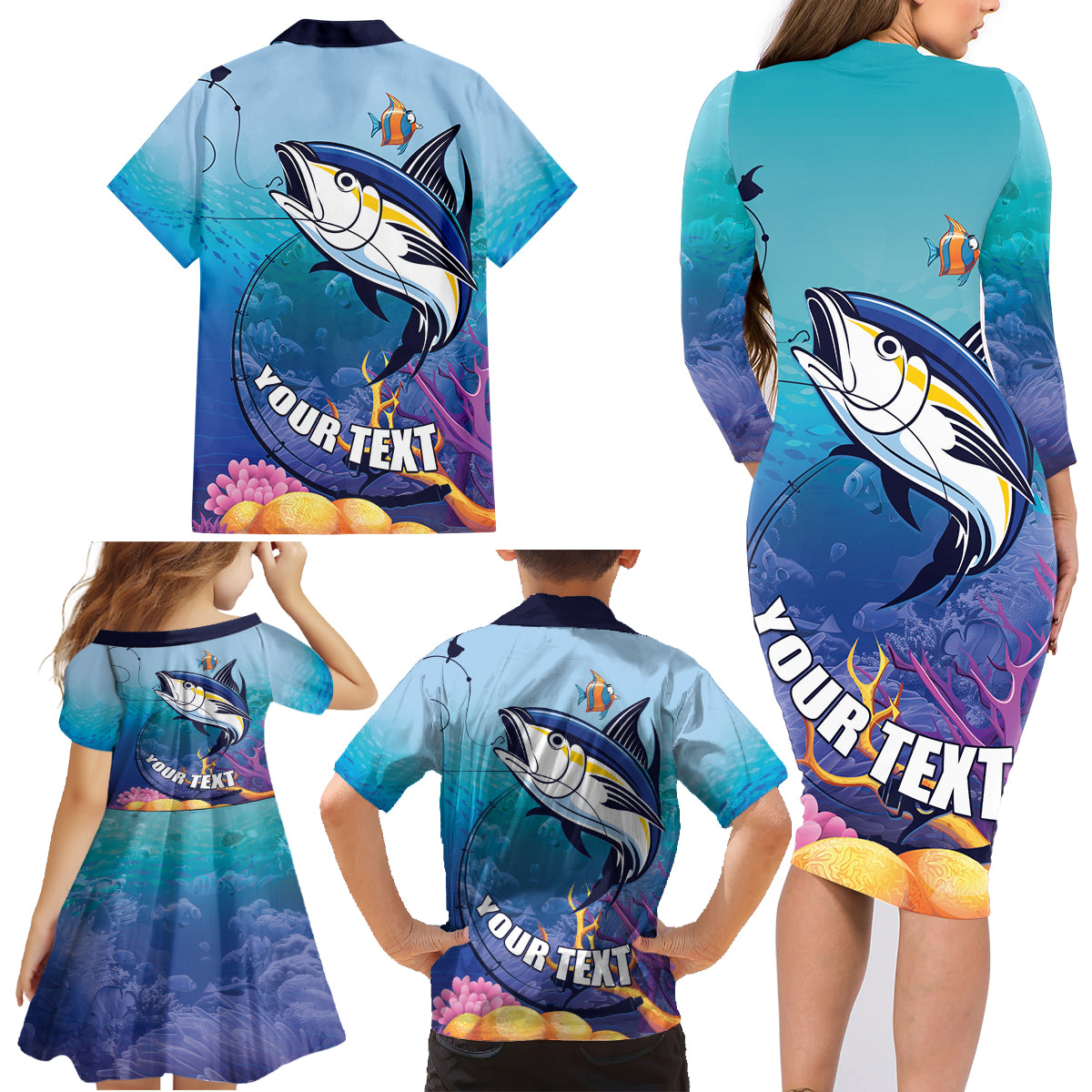 Tuna Fishing Family Matching Long Sleeve Bodycon Dress and Hawaiian Shirt Tuna Fish With Marine Life - Wonder Print Shop