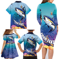 Tuna Fishing Family Matching Long Sleeve Bodycon Dress and Hawaiian Shirt Tuna Fish With Marine Life - Wonder Print Shop