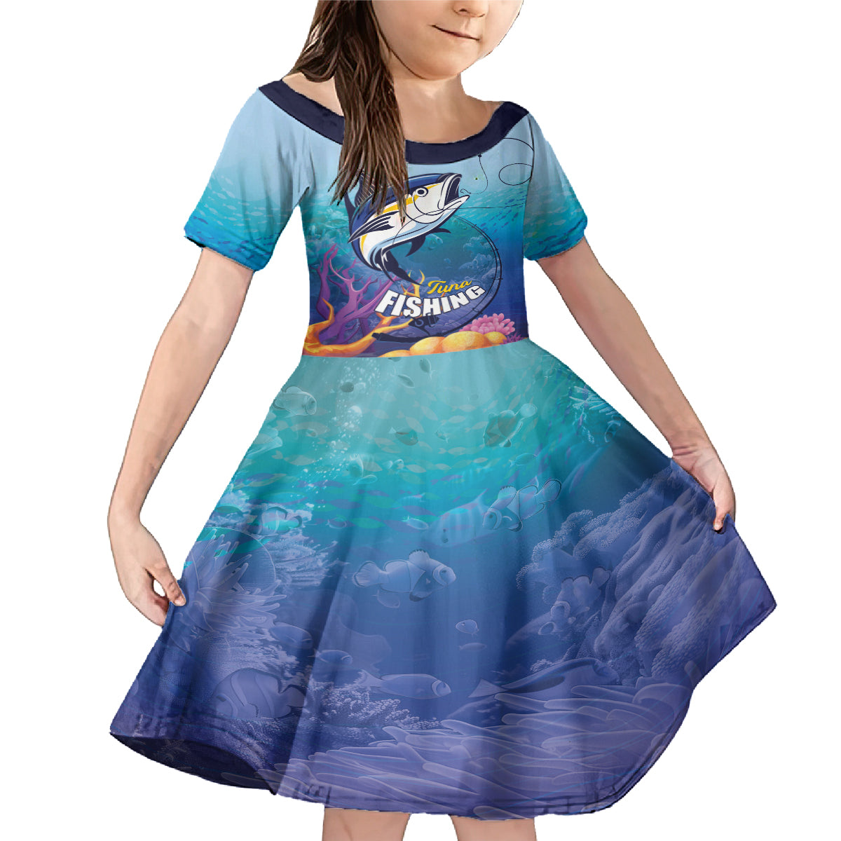 Tuna Fishing Family Matching Mermaid Dress and Hawaiian Shirt Tuna Fish With Marine Life - Wonder Print Shop