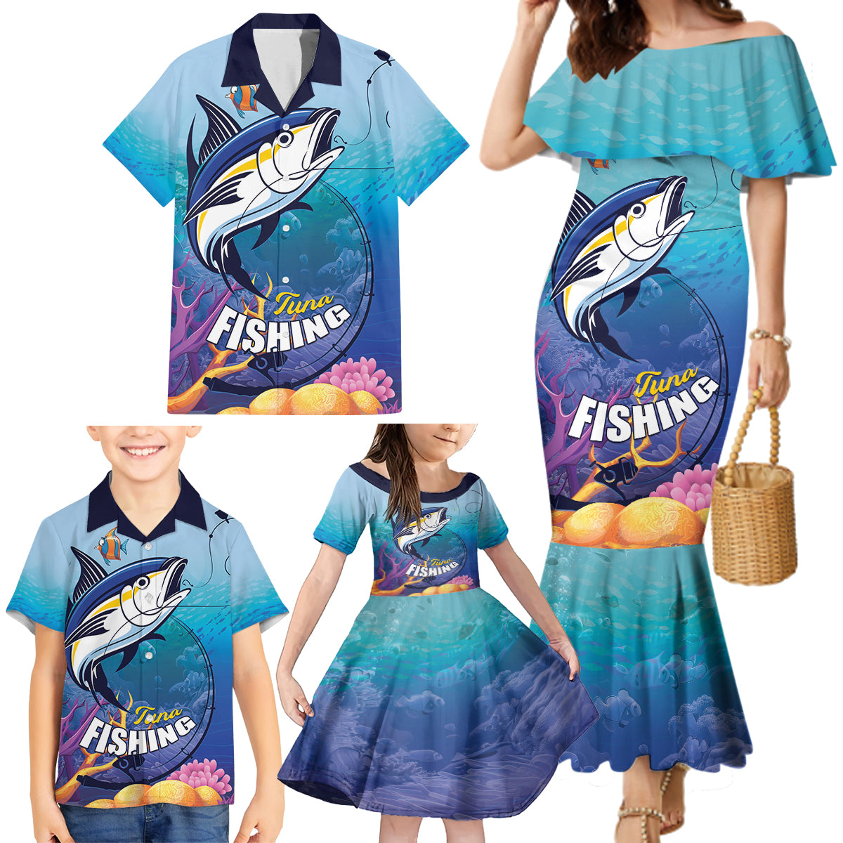 Tuna Fishing Family Matching Mermaid Dress and Hawaiian Shirt Tuna Fish With Marine Life - Wonder Print Shop