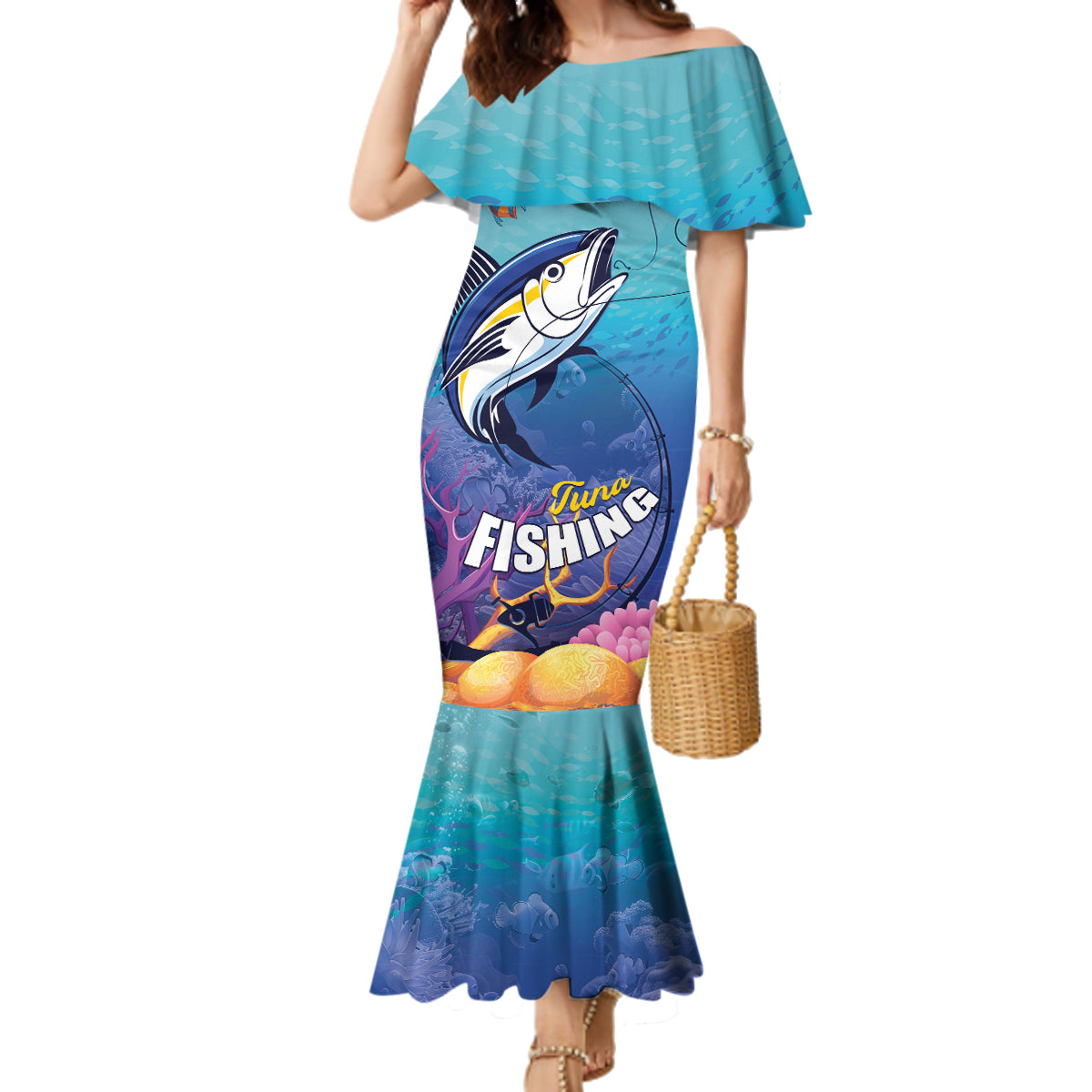 Tuna Fishing Family Matching Mermaid Dress and Hawaiian Shirt Tuna Fish With Marine Life - Wonder Print Shop