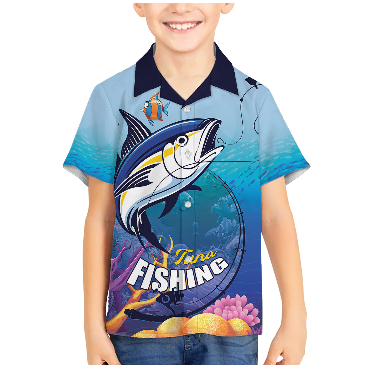 Tuna Fishing Family Matching Mermaid Dress and Hawaiian Shirt Tuna Fish With Marine Life - Wonder Print Shop