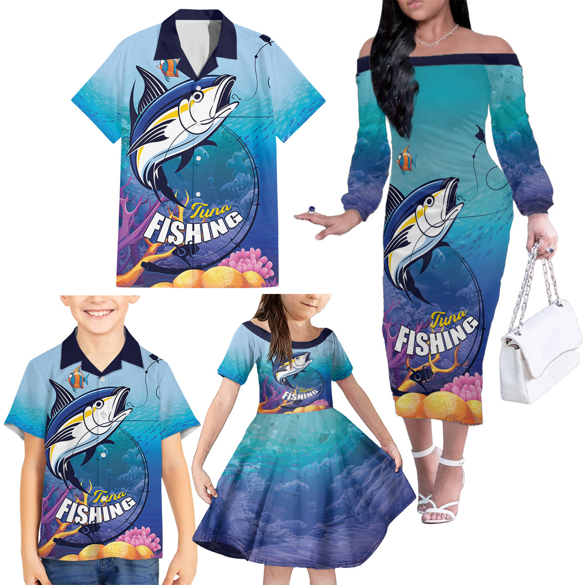 Tuna Fishing Family Matching Off The Shoulder Long Sleeve Dress and Hawaiian Shirt Tuna Fish With Marine Life - Wonder Print Shop