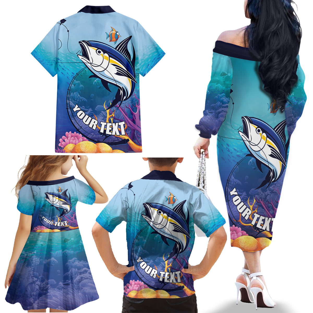 Tuna Fishing Family Matching Off The Shoulder Long Sleeve Dress and Hawaiian Shirt Tuna Fish With Marine Life - Wonder Print Shop