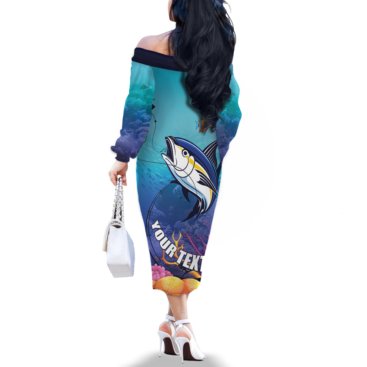 Tuna Fishing Family Matching Off The Shoulder Long Sleeve Dress and Hawaiian Shirt Tuna Fish With Marine Life - Wonder Print Shop