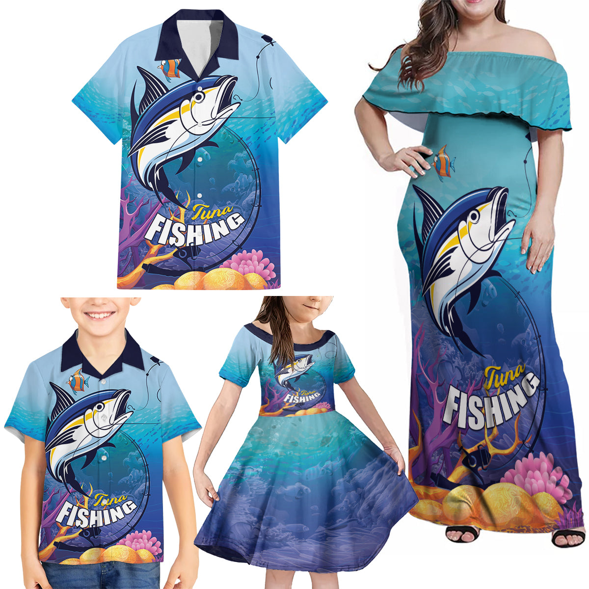 Tuna Fishing Family Matching Off Shoulder Maxi Dress and Hawaiian Shirt Tuna Fish With Marine Life - Wonder Print Shop