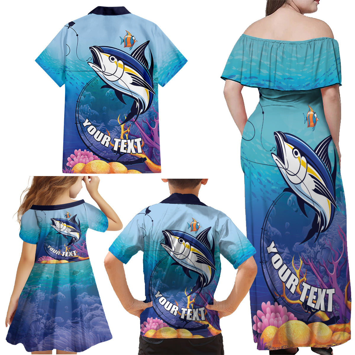 Tuna Fishing Family Matching Off Shoulder Maxi Dress and Hawaiian Shirt Tuna Fish With Marine Life - Wonder Print Shop