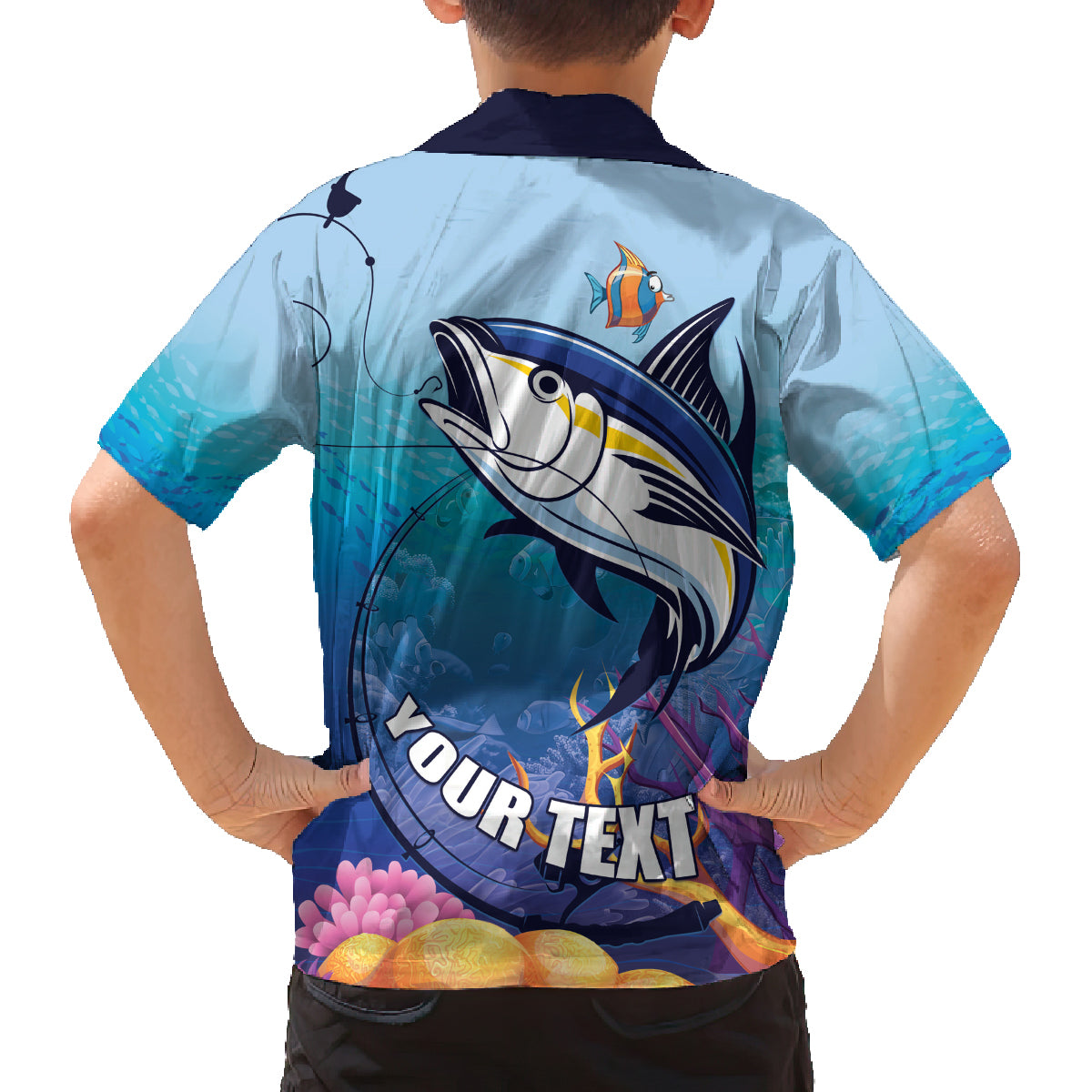 Tuna Fishing Family Matching Off Shoulder Short Dress and Hawaiian Shirt Tuna Fish With Marine Life - Wonder Print Shop