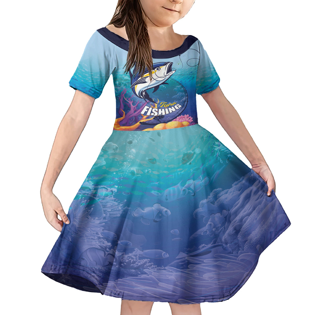 Tuna Fishing Family Matching Off Shoulder Short Dress and Hawaiian Shirt Tuna Fish With Marine Life - Wonder Print Shop