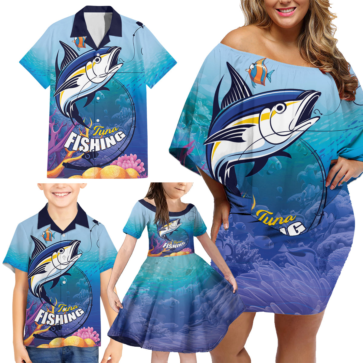 Tuna Fishing Family Matching Off Shoulder Short Dress and Hawaiian Shirt Tuna Fish With Marine Life - Wonder Print Shop