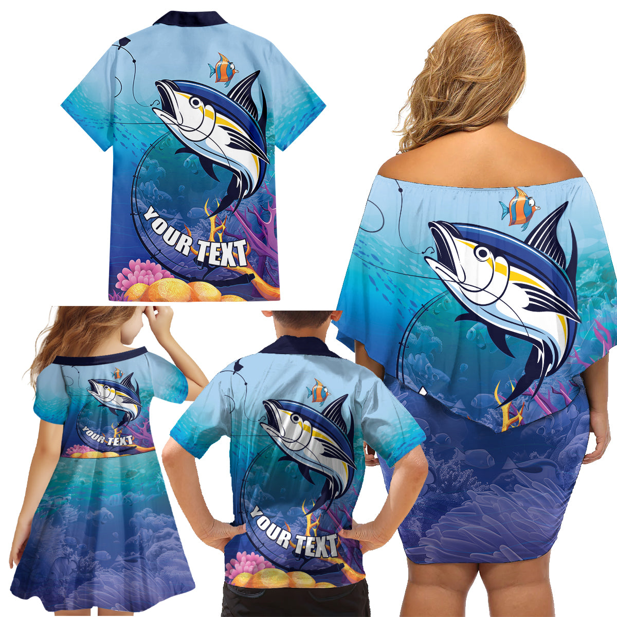 Tuna Fishing Family Matching Off Shoulder Short Dress and Hawaiian Shirt Tuna Fish With Marine Life - Wonder Print Shop