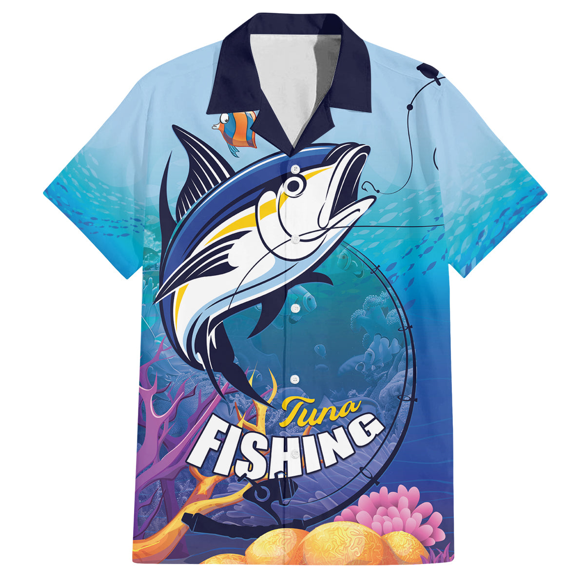 Tuna Fishing Family Matching Off Shoulder Short Dress and Hawaiian Shirt Tuna Fish With Marine Life - Wonder Print Shop