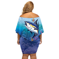 Tuna Fishing Family Matching Off Shoulder Short Dress and Hawaiian Shirt Tuna Fish With Marine Life - Wonder Print Shop