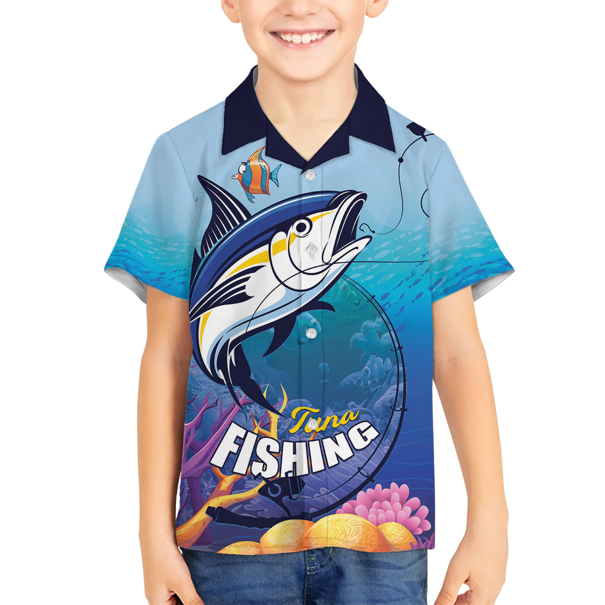 Tuna Fishing Family Matching Off Shoulder Short Dress and Hawaiian Shirt Tuna Fish With Marine Life - Wonder Print Shop