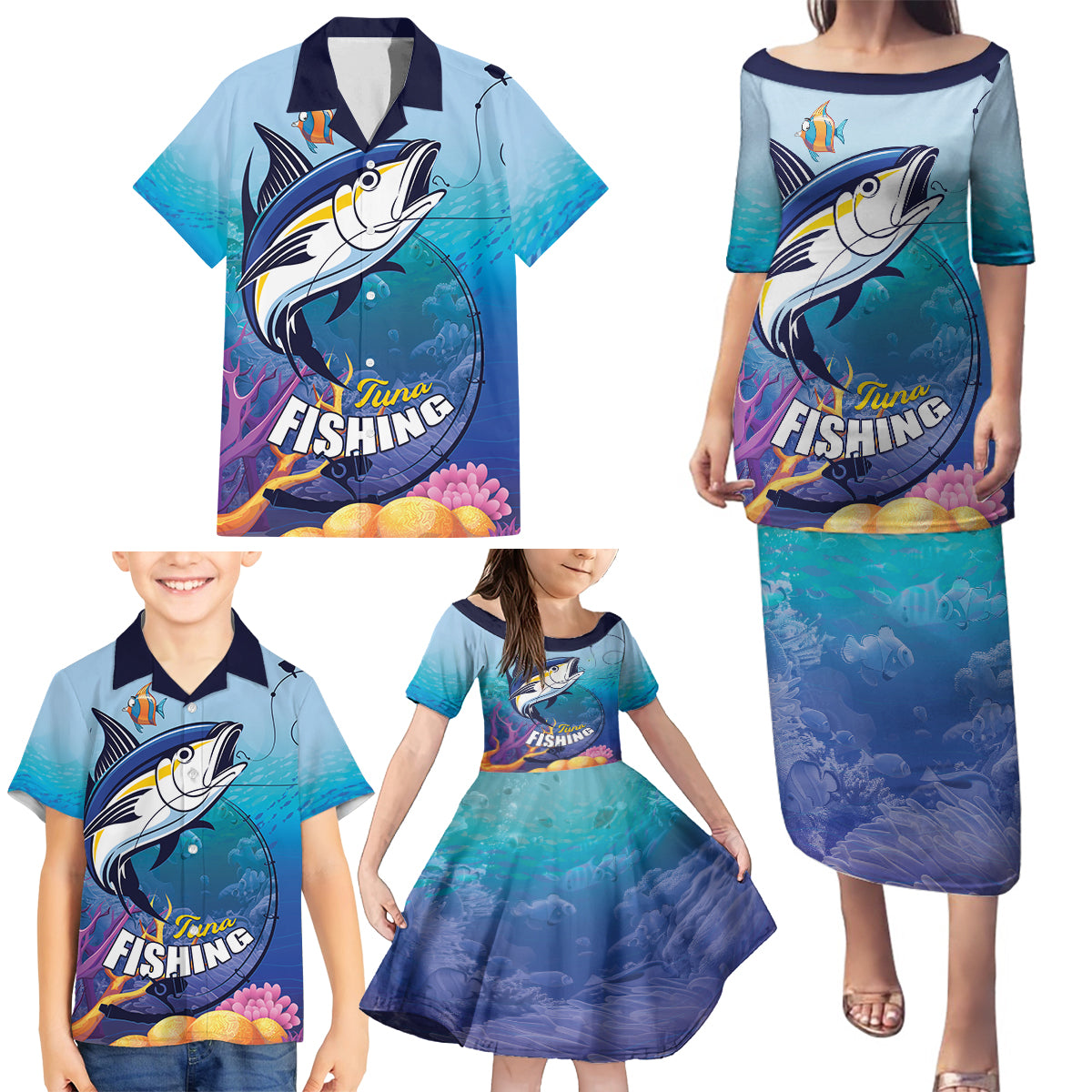 Tuna Fishing Family Matching Puletasi and Hawaiian Shirt Tuna Fish With Marine Life - Wonder Print Shop
