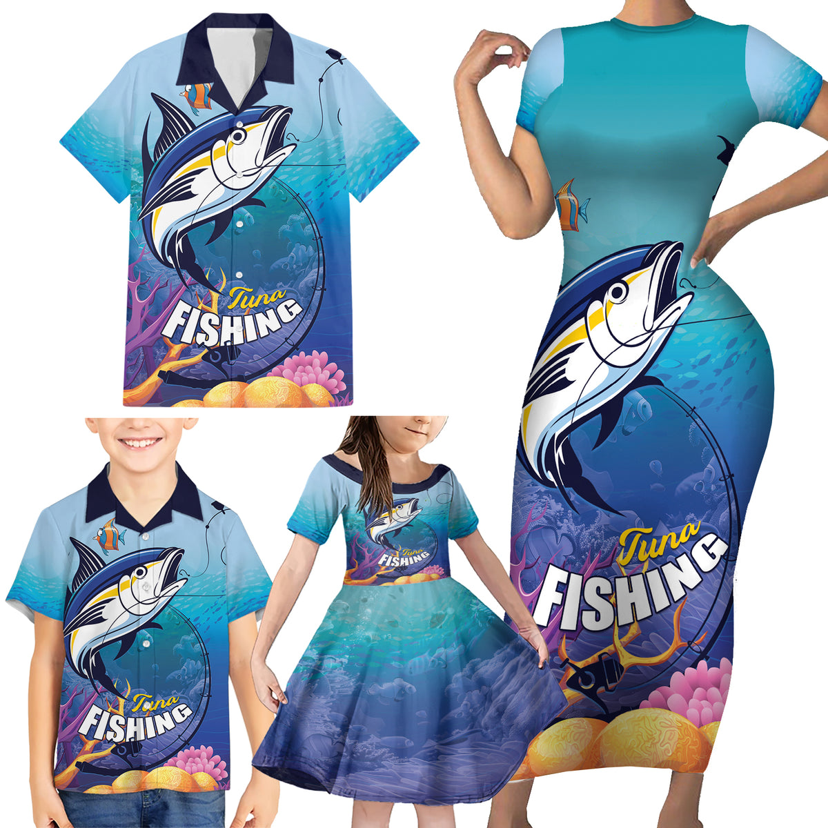 Tuna Fishing Family Matching Short Sleeve Bodycon Dress and Hawaiian Shirt Tuna Fish With Marine Life - Wonder Print Shop