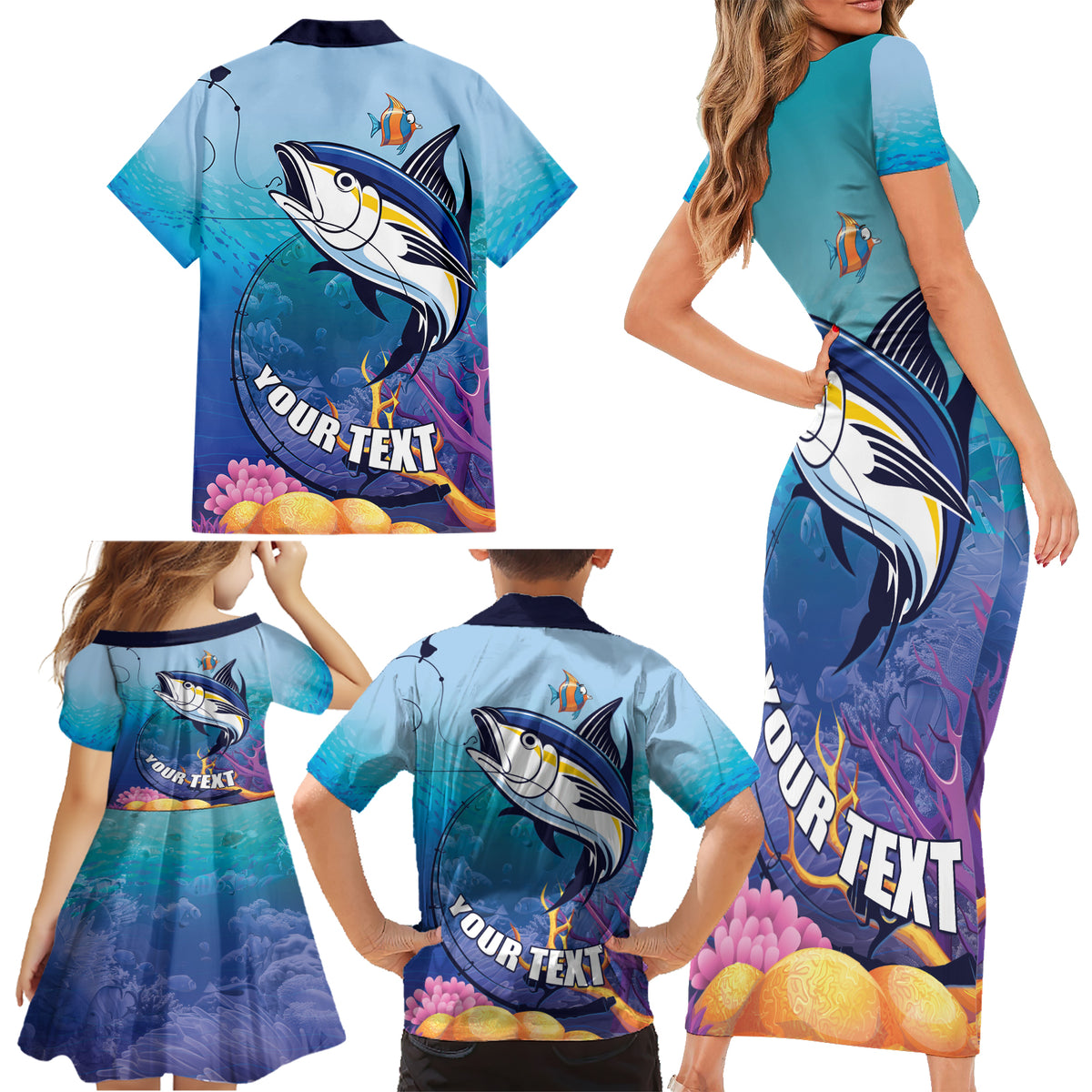 Tuna Fishing Family Matching Short Sleeve Bodycon Dress and Hawaiian Shirt Tuna Fish With Marine Life - Wonder Print Shop