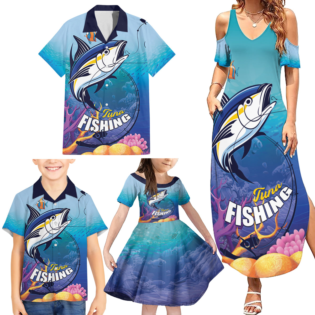 Tuna Fishing Family Matching Summer Maxi Dress and Hawaiian Shirt Tuna Fish With Marine Life - Wonder Print Shop