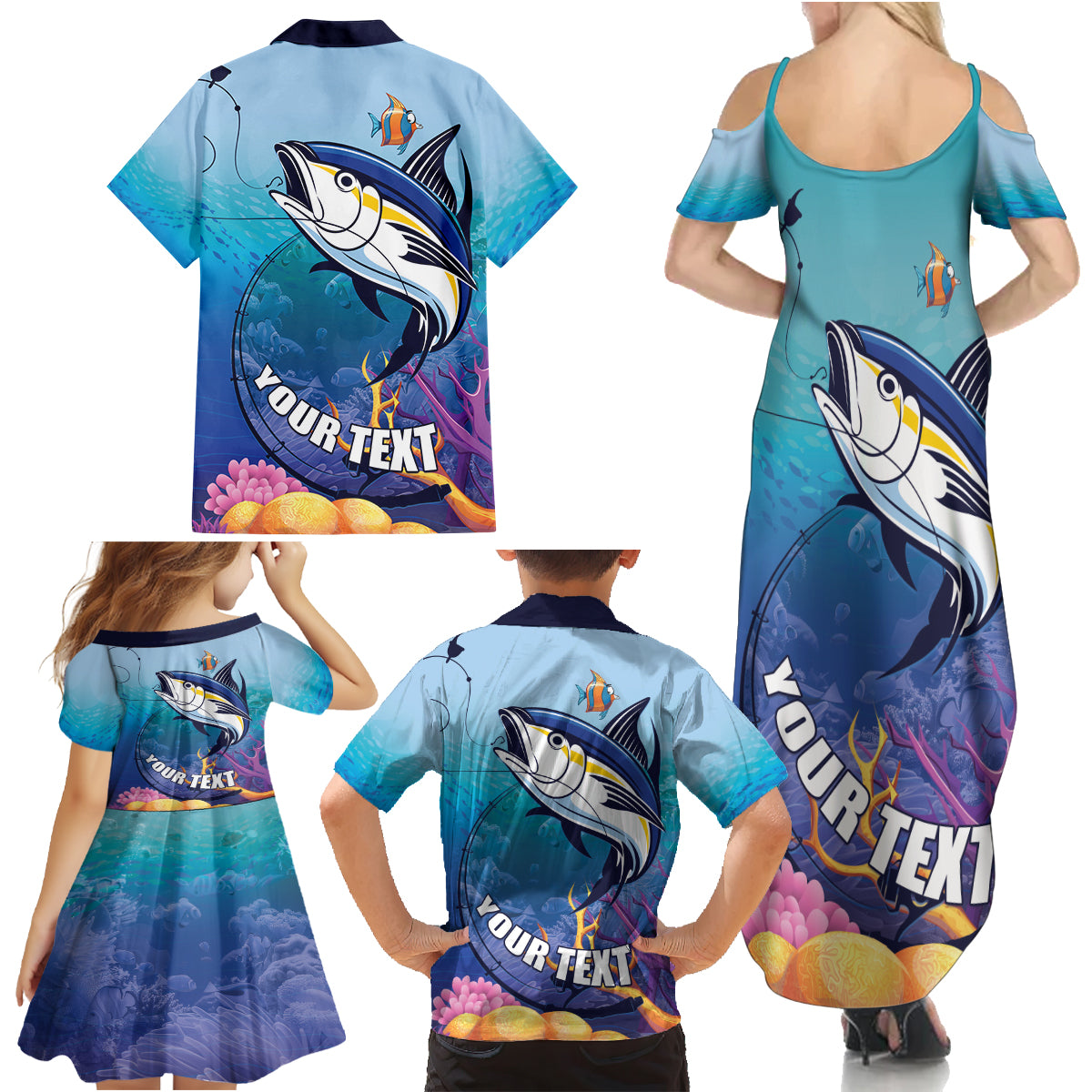 Tuna Fishing Family Matching Summer Maxi Dress and Hawaiian Shirt Tuna Fish With Marine Life - Wonder Print Shop