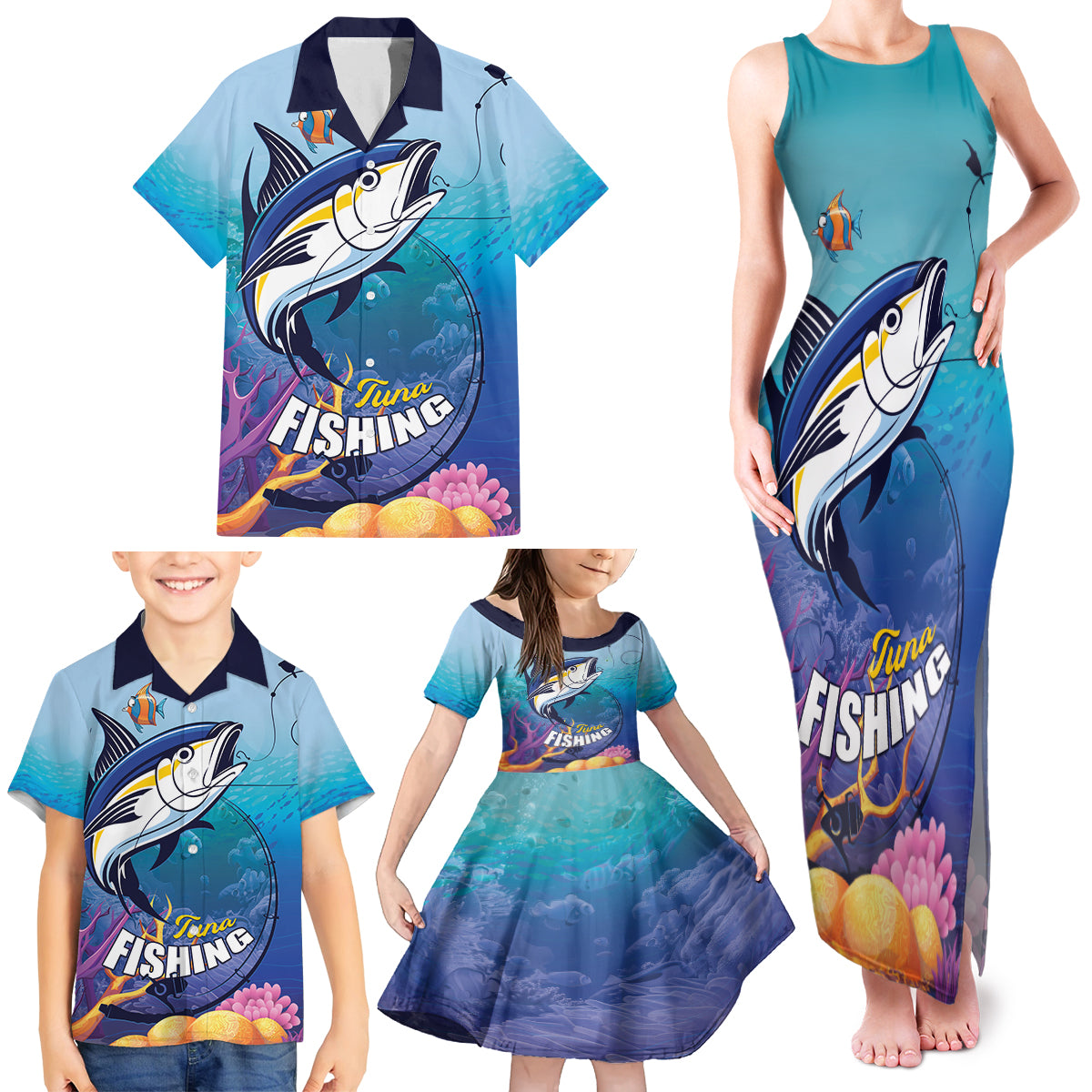 Tuna Fishing Family Matching Tank Maxi Dress and Hawaiian Shirt Tuna Fish With Marine Life - Wonder Print Shop