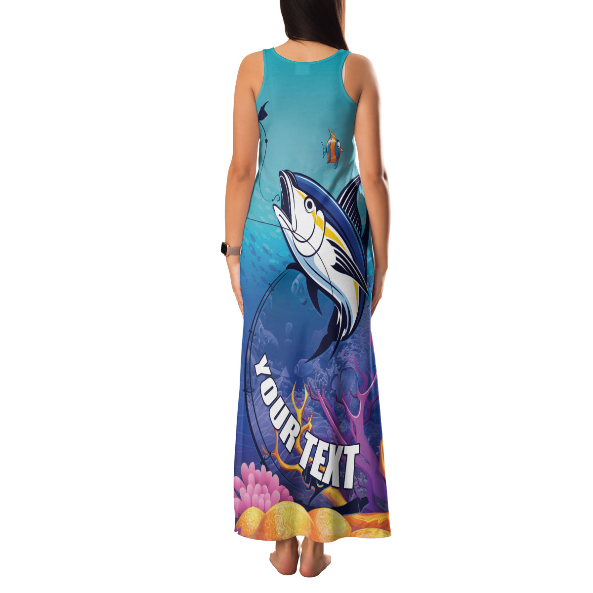 Tuna Fishing Family Matching Tank Maxi Dress and Hawaiian Shirt Tuna Fish With Marine Life - Wonder Print Shop