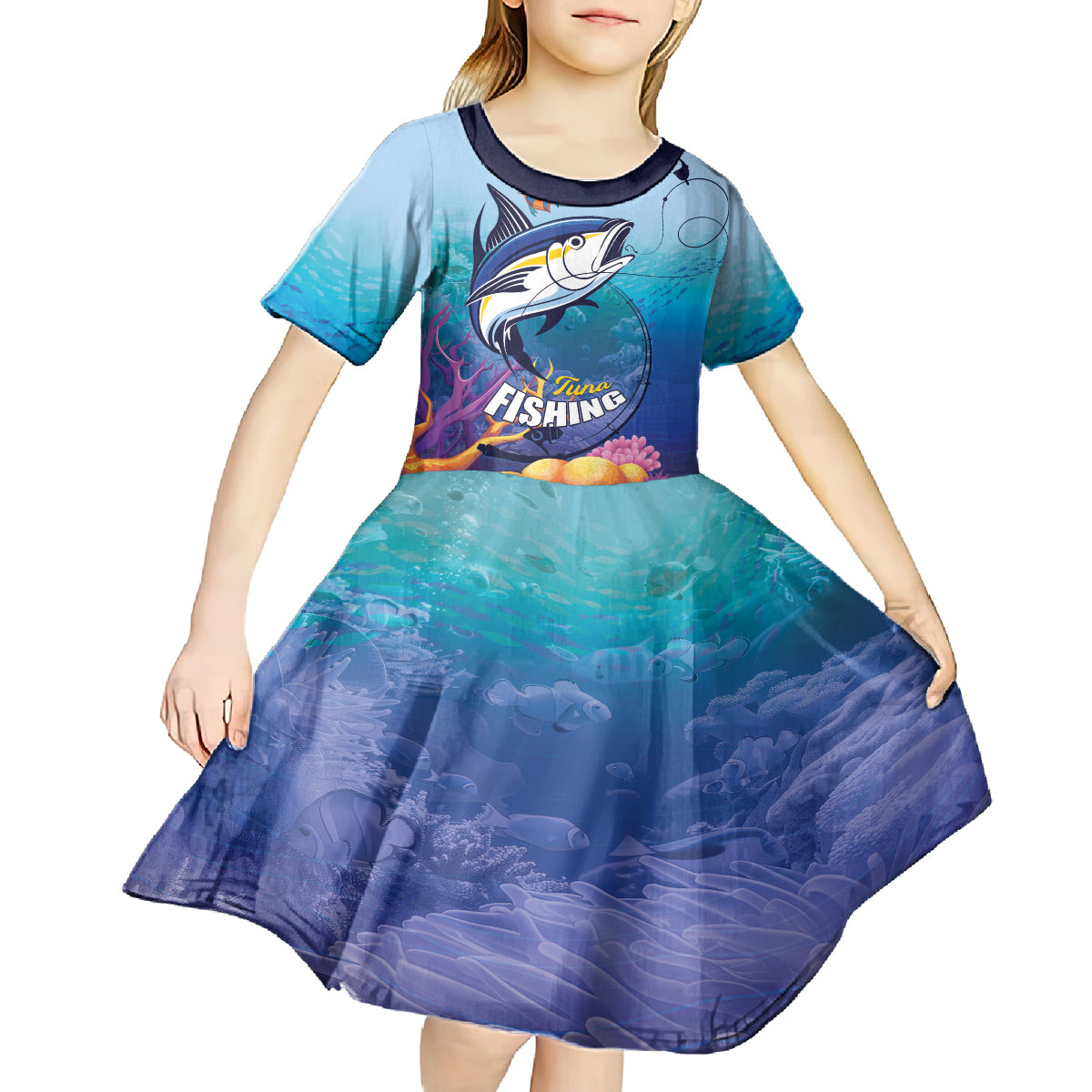 Tuna Fishing Kid Short Sleeve Dress Tuna Fish With Marine Life - Wonder Print Shop