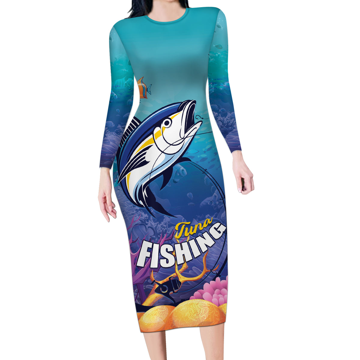 Tuna Fishing Long Sleeve Bodycon Dress Tuna Fish With Marine Life - Wonder Print Shop