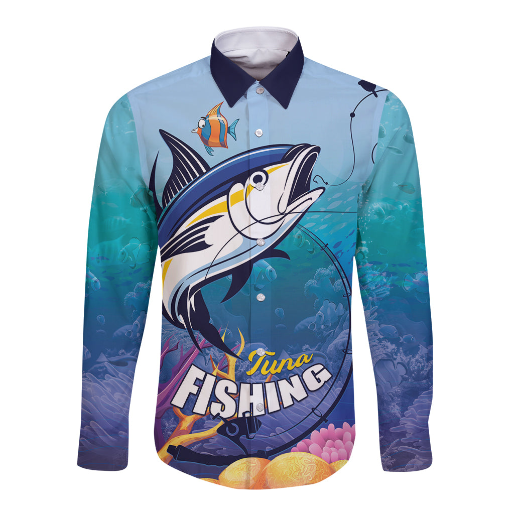 Tuna Fishing Long Sleeve Button Shirt Tuna Fish With Marine Life - Wonder Print Shop