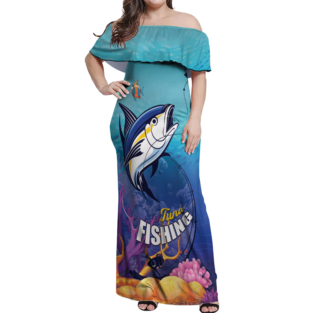 Tuna Fishing Off Shoulder Maxi Dress Tuna Fish With Marine Life - Wonder Print Shop