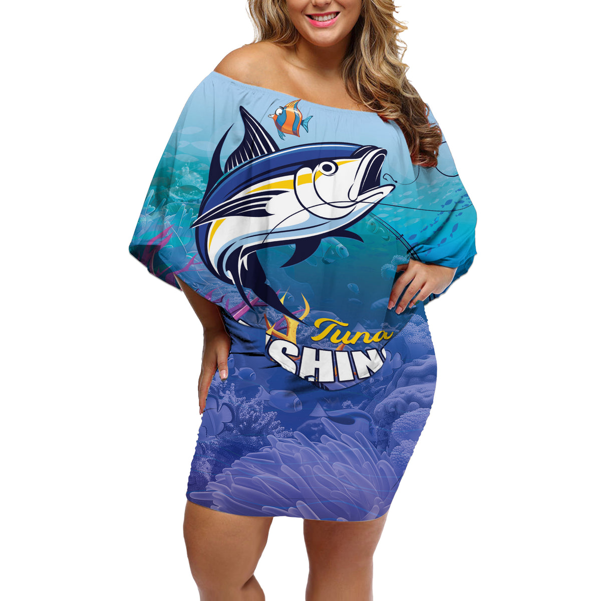 Tuna Fishing Off Shoulder Short Dress Tuna Fish With Marine Life - Wonder Print Shop