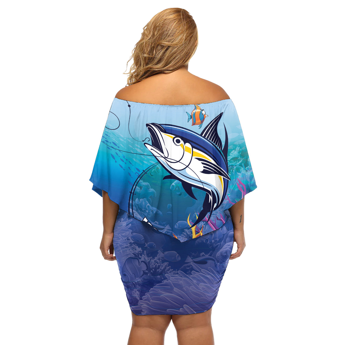 Tuna Fishing Off Shoulder Short Dress Tuna Fish With Marine Life - Wonder Print Shop