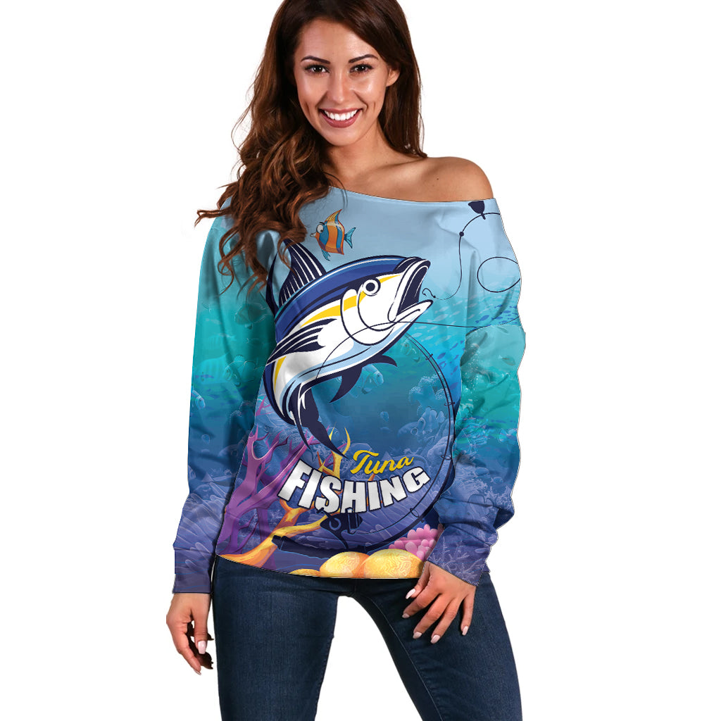 Tuna Fishing Off Shoulder Sweater Tuna Fish With Marine Life - Wonder Print Shop