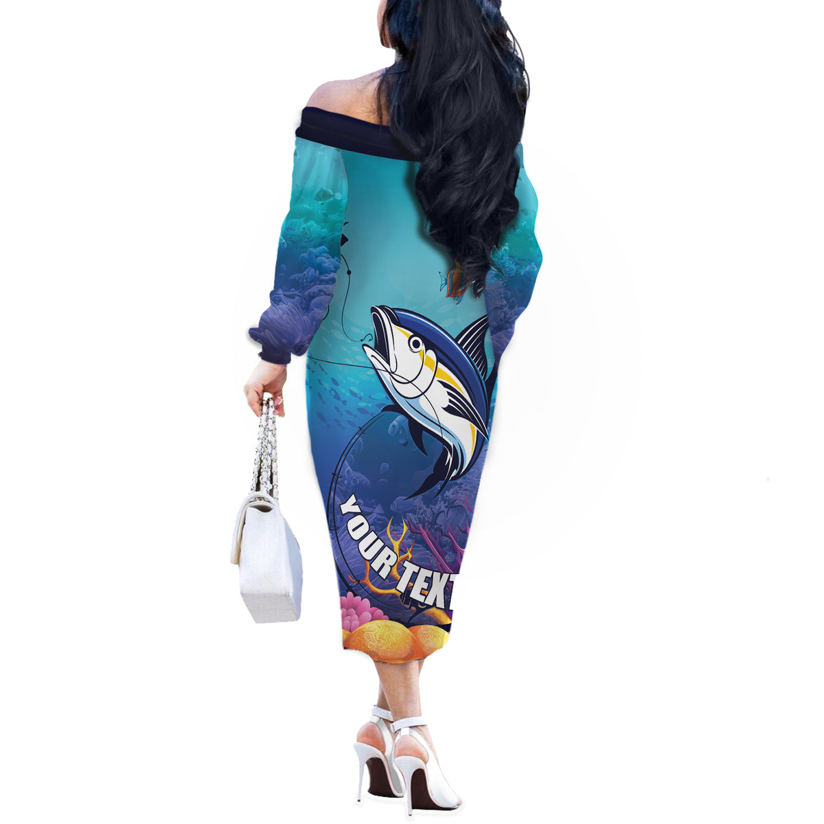 Tuna Fishing Off The Shoulder Long Sleeve Dress Tuna Fish With Marine Life - Wonder Print Shop