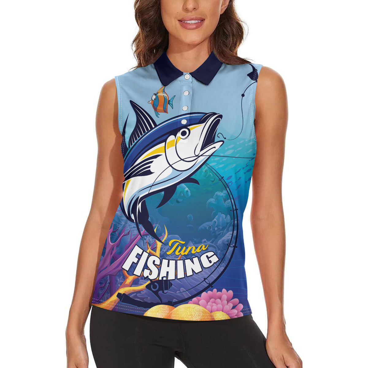 Tuna Fishing Women Sleeveless Polo Shirt Tuna Fish With Marine Life - Wonder Print Shop