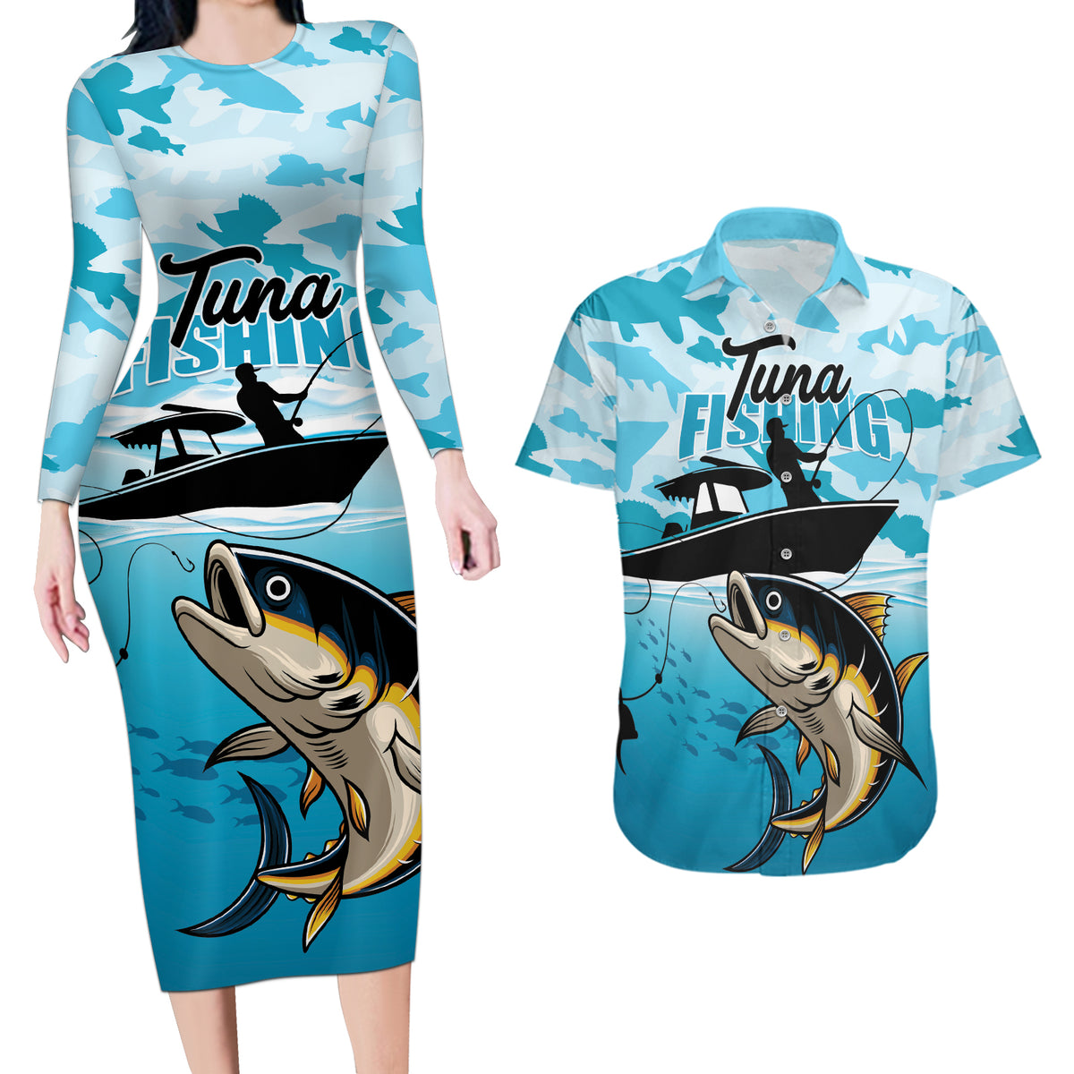 Tuna Fishing Couples Matching Long Sleeve Bodycon Dress and Hawaiian Shirt Fish Camouflage Pattern - Wonder Print Shop