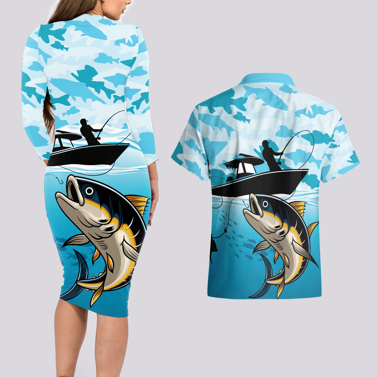 Tuna Fishing Couples Matching Long Sleeve Bodycon Dress and Hawaiian Shirt Fish Camouflage Pattern - Wonder Print Shop