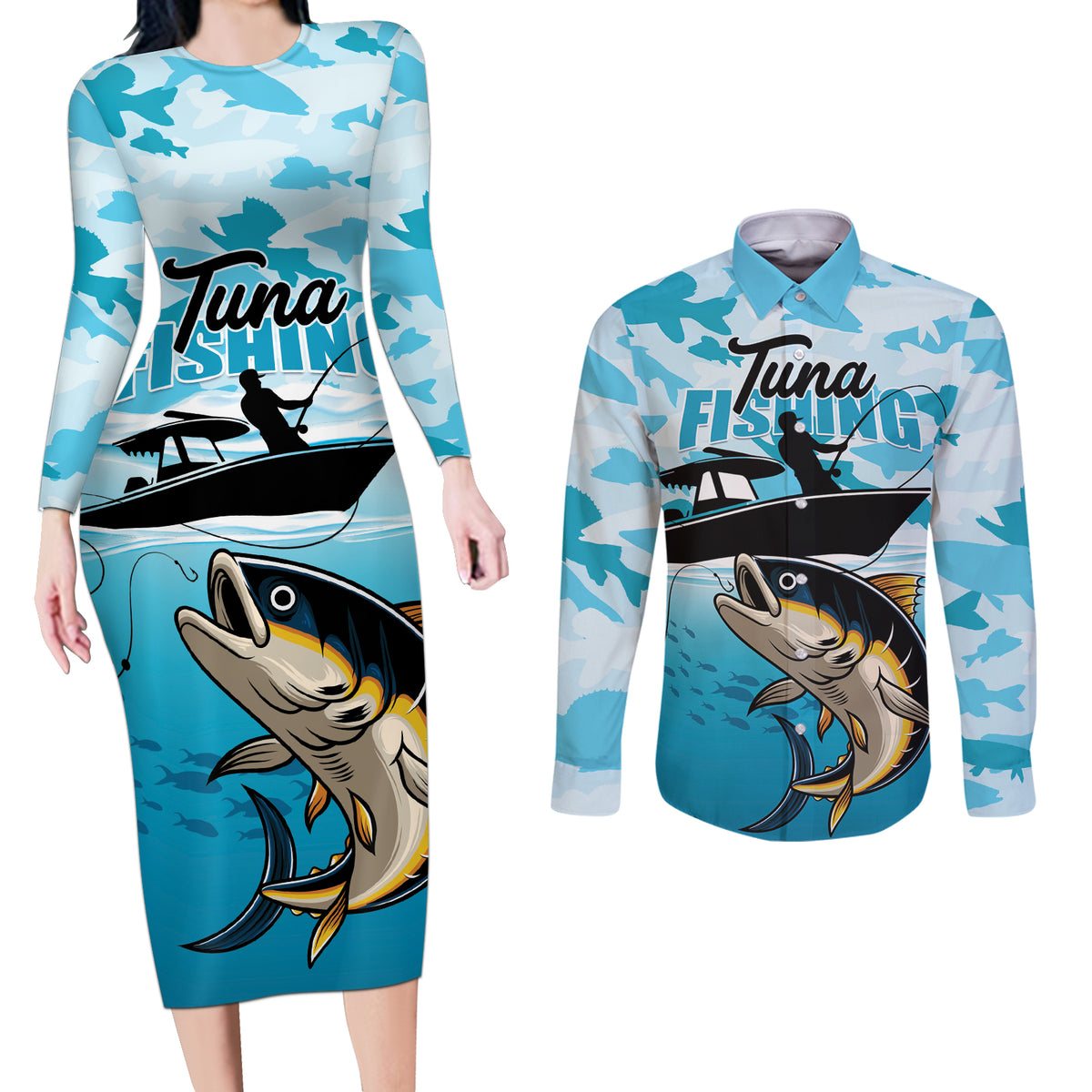 Tuna Fishing Couples Matching Long Sleeve Bodycon Dress and Long Sleeve Button Shirt Fish Camouflage Pattern - Wonder Print Shop