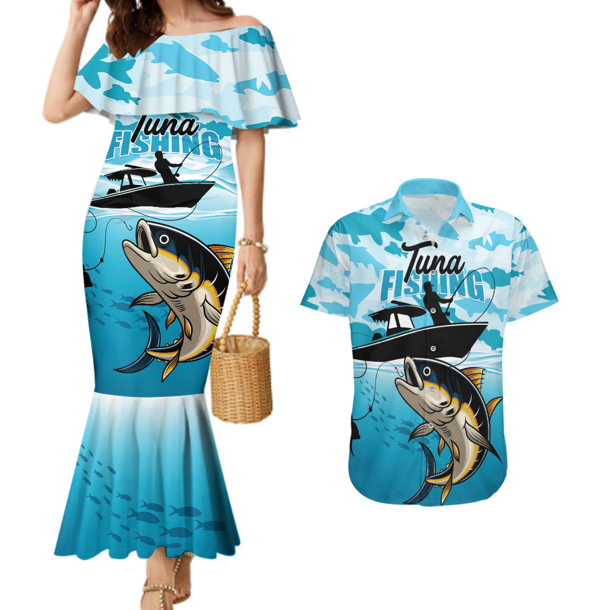Tuna Fishing Couples Matching Mermaid Dress and Hawaiian Shirt Fish Camouflage Pattern - Wonder Print Shop