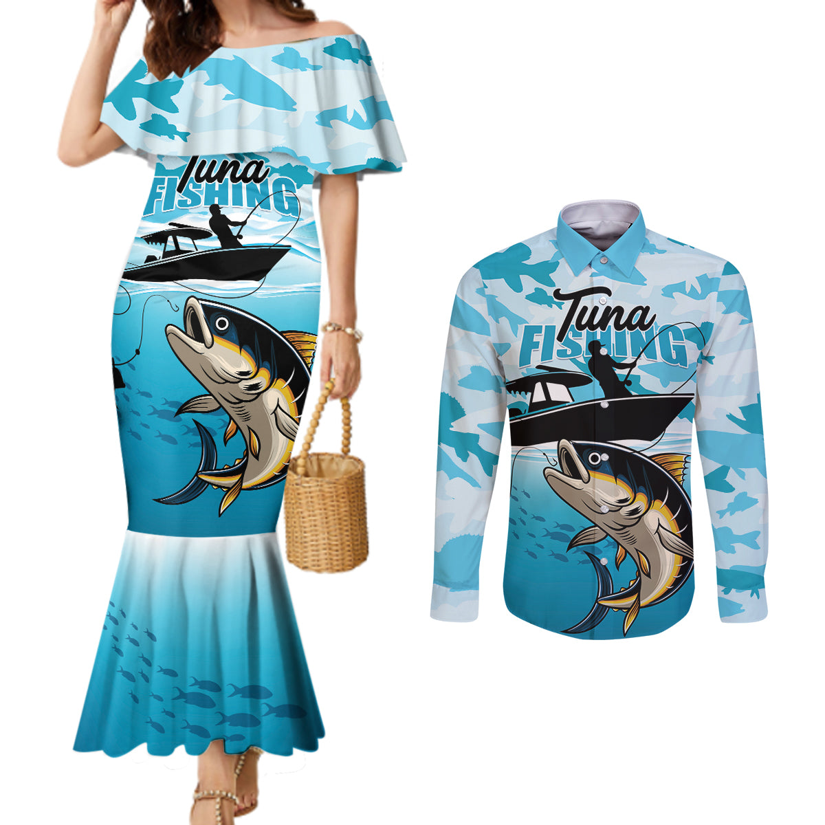 Tuna Fishing Couples Matching Mermaid Dress and Long Sleeve Button Shirt Fish Camouflage Pattern