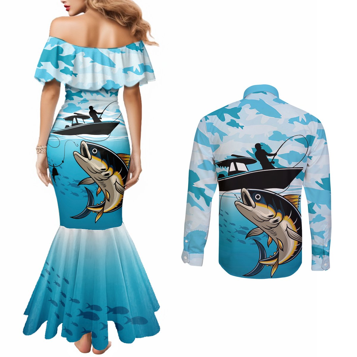 Tuna Fishing Couples Matching Mermaid Dress and Long Sleeve Button Shirt Fish Camouflage Pattern