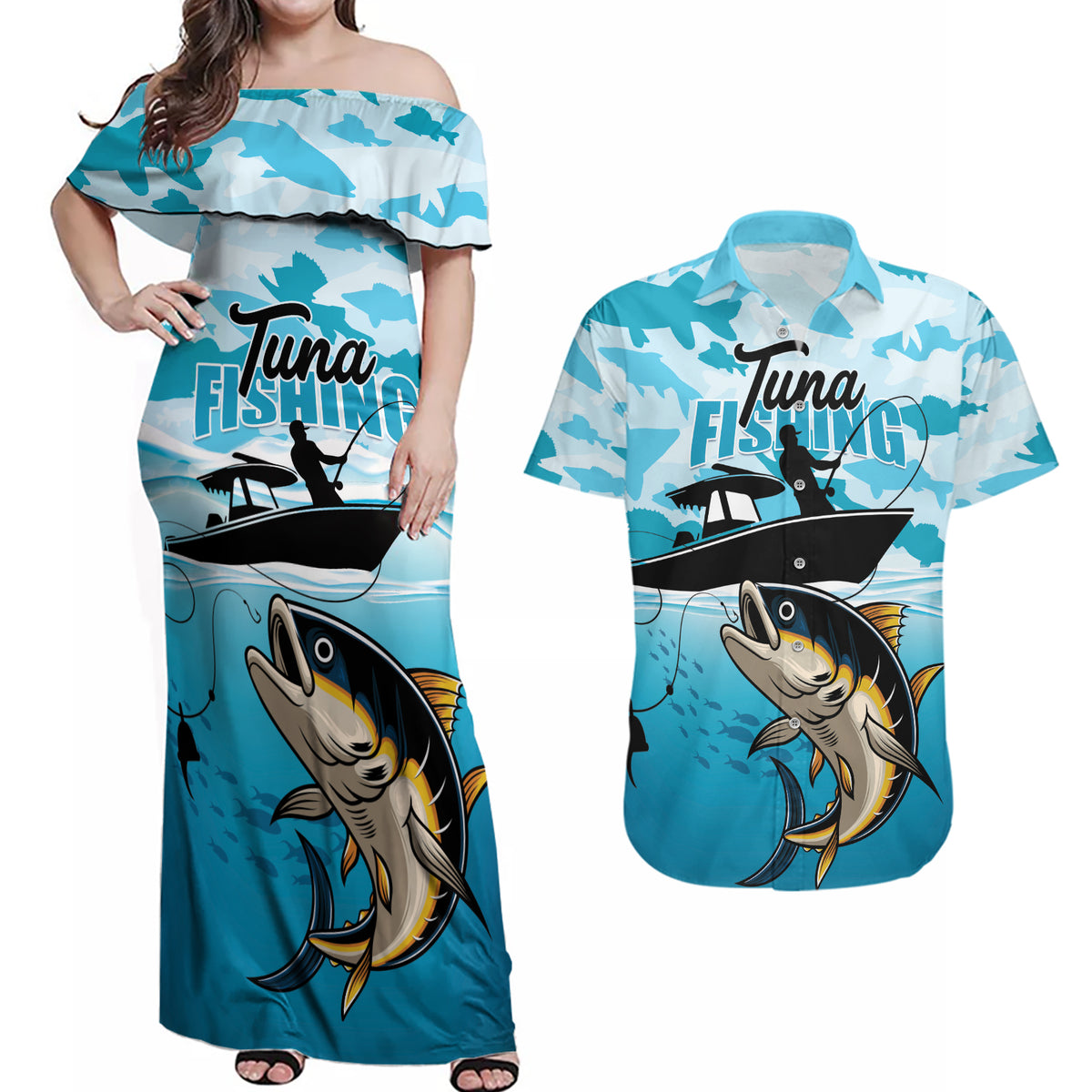 Tuna Fishing Couples Matching Off Shoulder Maxi Dress and Hawaiian Shirt Fish Camouflage Pattern - Wonder Print Shop