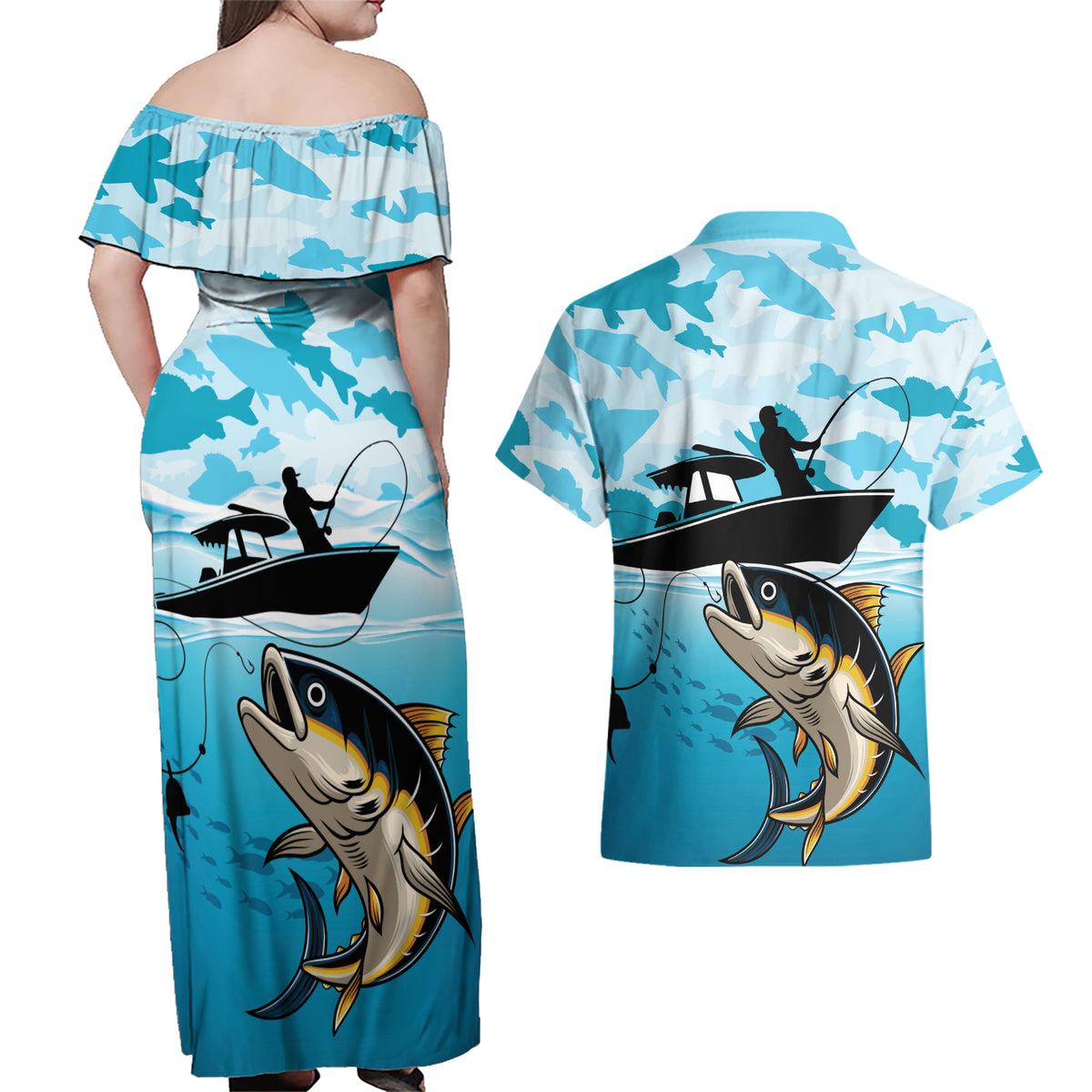 Tuna Fishing Couples Matching Off Shoulder Maxi Dress and Hawaiian Shirt Fish Camouflage Pattern - Wonder Print Shop