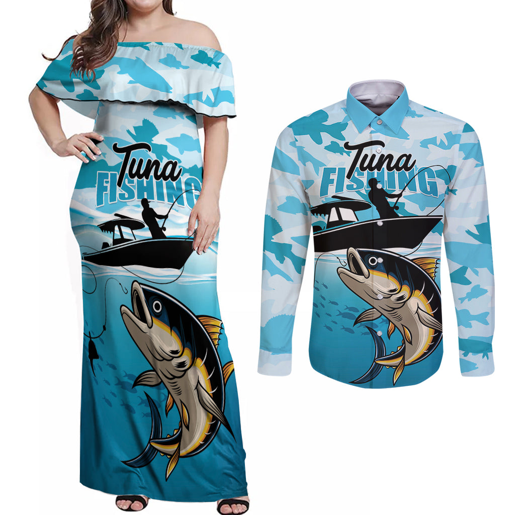 Tuna Fishing Couples Matching Off Shoulder Maxi Dress and Long Sleeve Button Shirt Fish Camouflage Pattern - Wonder Print Shop
