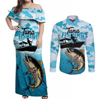 Tuna Fishing Couples Matching Off Shoulder Maxi Dress and Long Sleeve Button Shirt Fish Camouflage Pattern - Wonder Print Shop