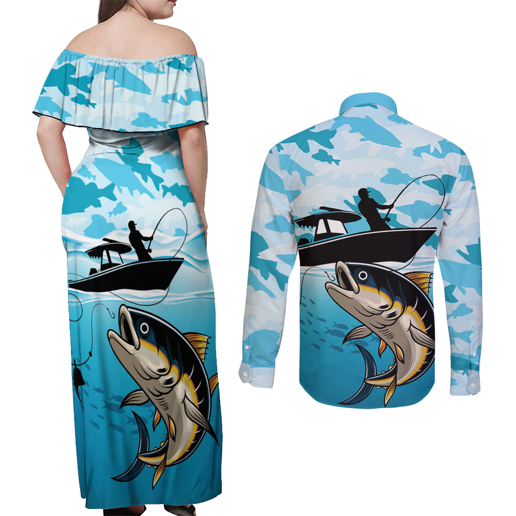 Tuna Fishing Couples Matching Off Shoulder Maxi Dress and Long Sleeve Button Shirt Fish Camouflage Pattern - Wonder Print Shop